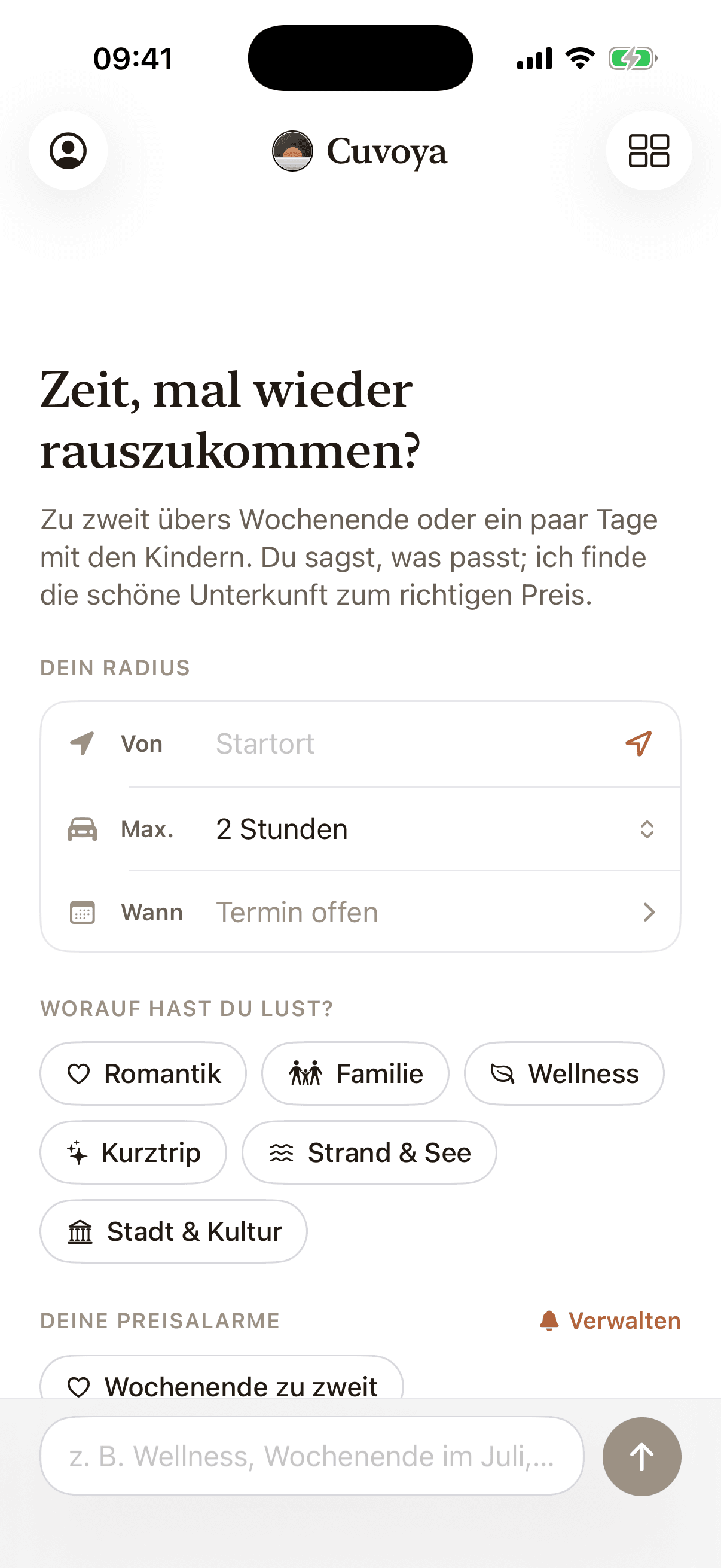 Cuvoya App mit Radius, Anlass und Preisalarmen