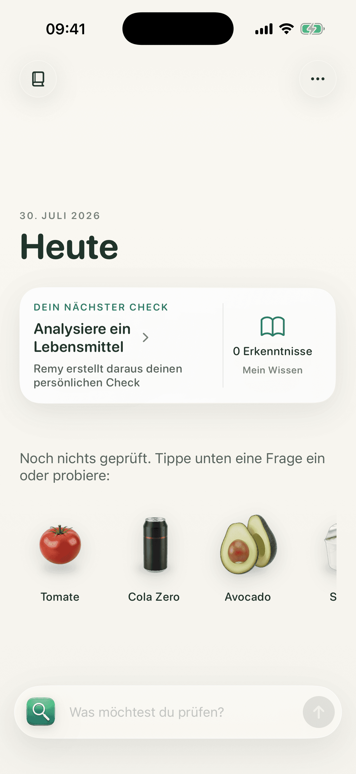 Ist das gesund: Startansicht mit Lebensmittelsuche und Beispielen