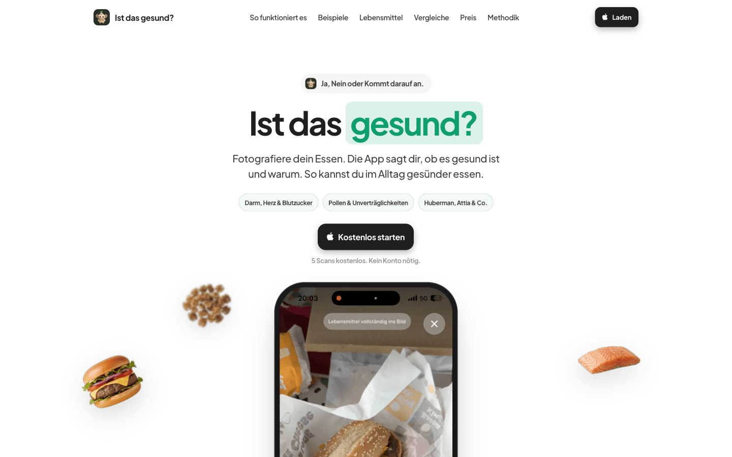 Ist das gesund: Website mit Erklärung der App und Einstieg zum Download