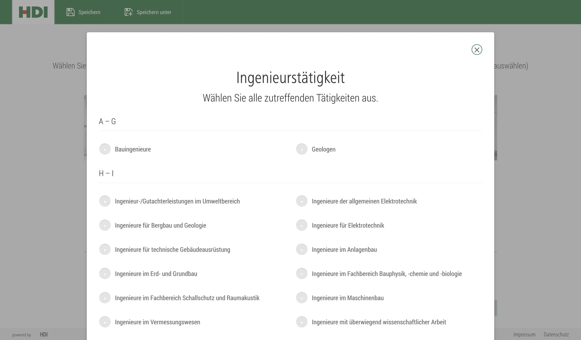 HDI: alphabetisch gegliederte Auswahl der Ingenieurstätigkeit