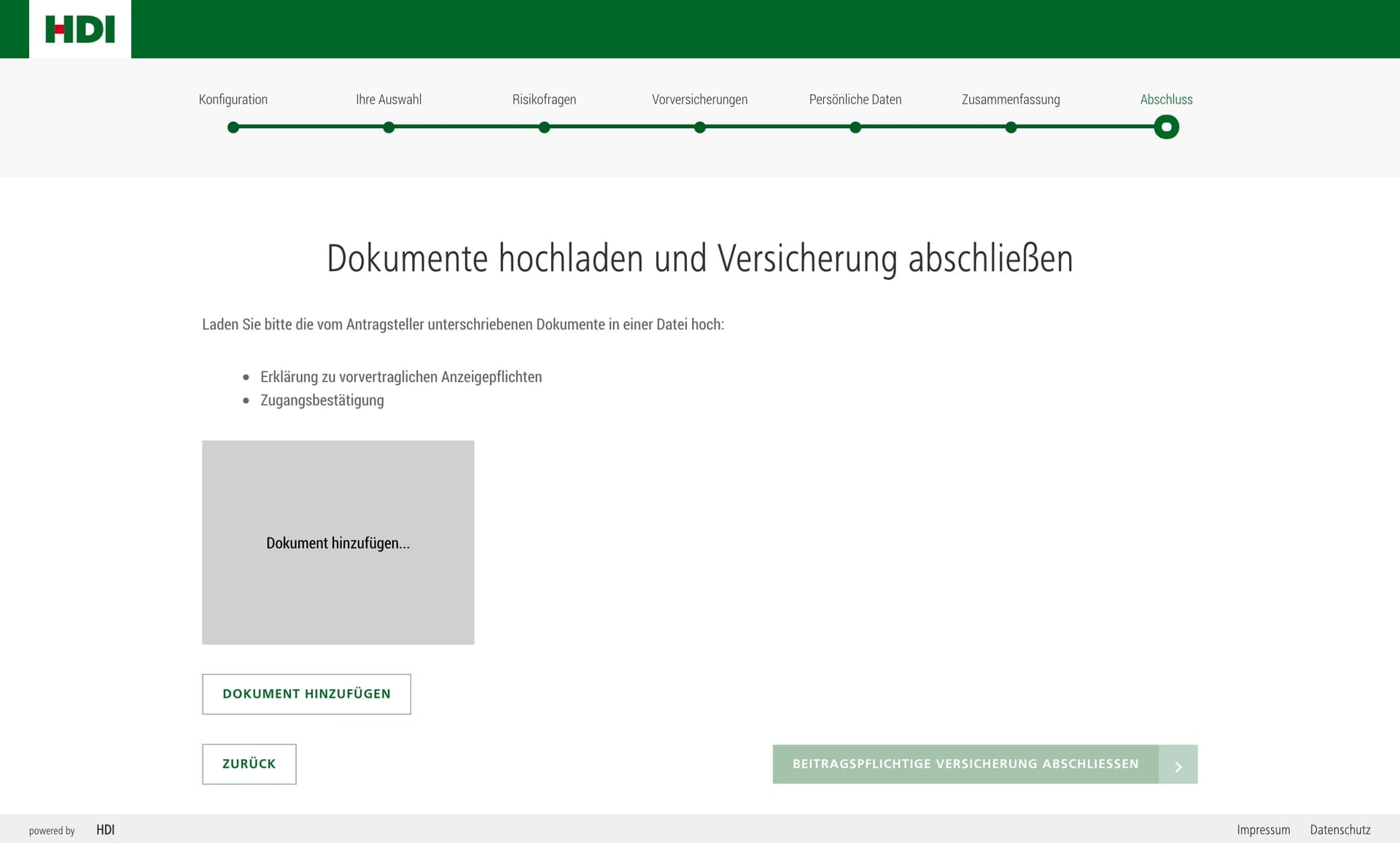 HDI: benötigte Unterlagen, Datei-Upload und noch gesperrter Abschluss des Antrags