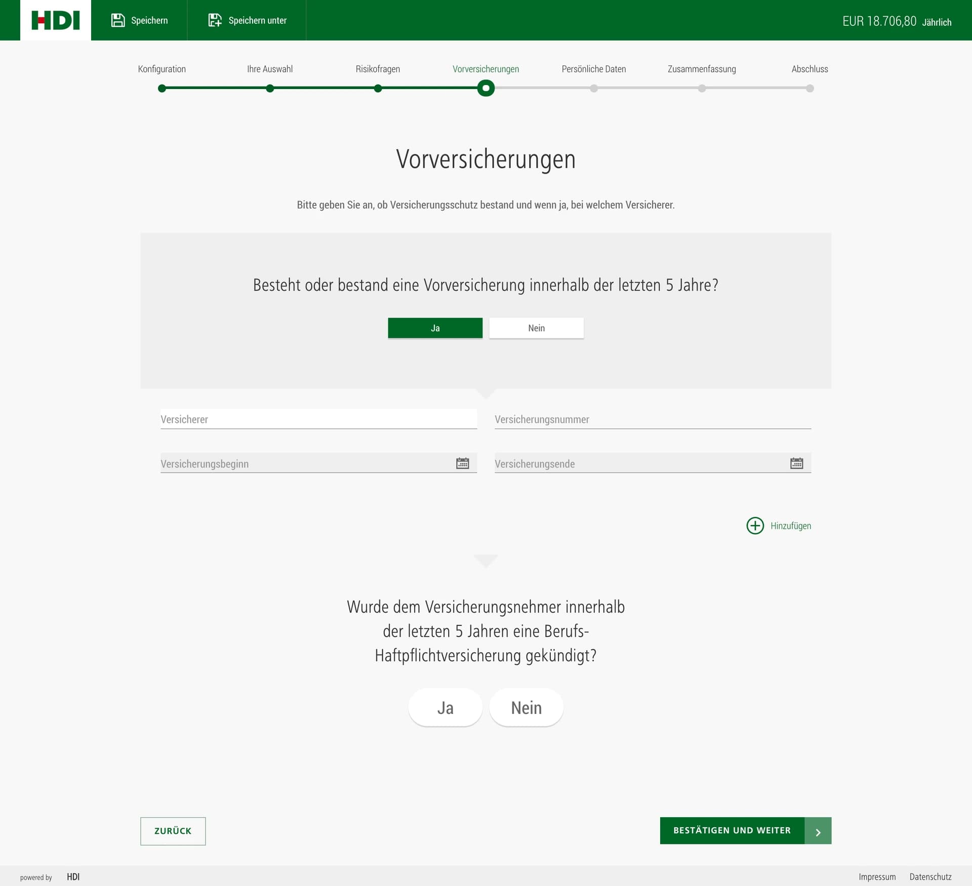 HDI: Ein Ja zur Vorversicherung öffnet Felder für Versicherer, Nummer und Zeitraum