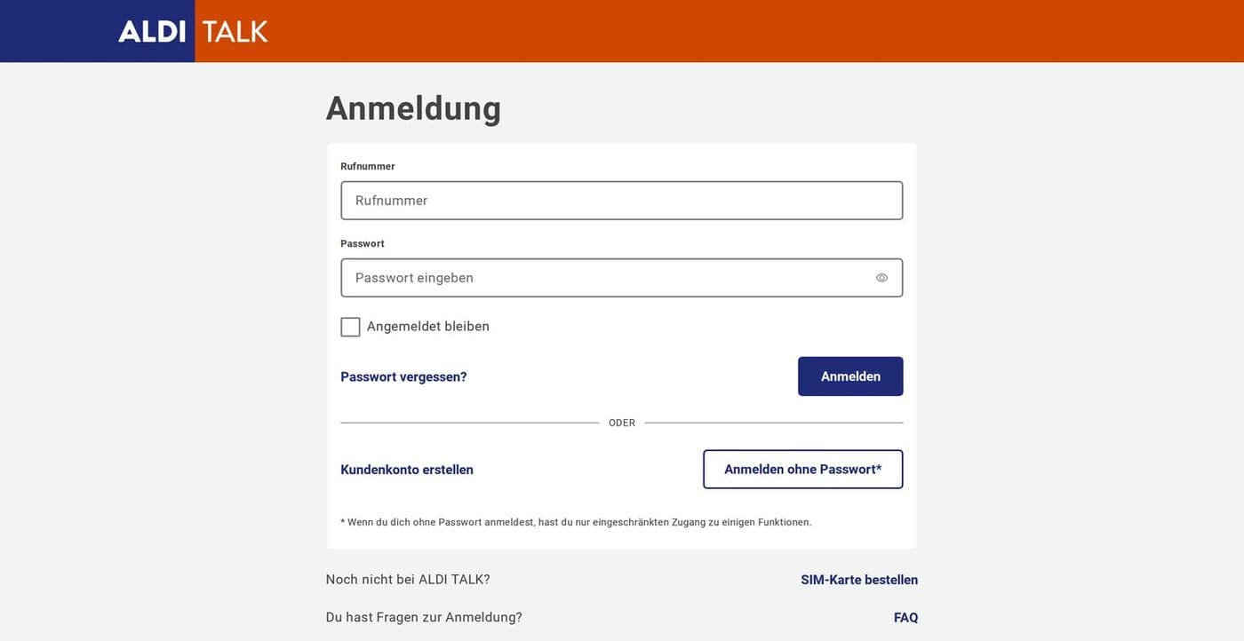 ALDI TALK: Anmeldung mit Passwort und eingeschränktem Zugang ohne Passwort