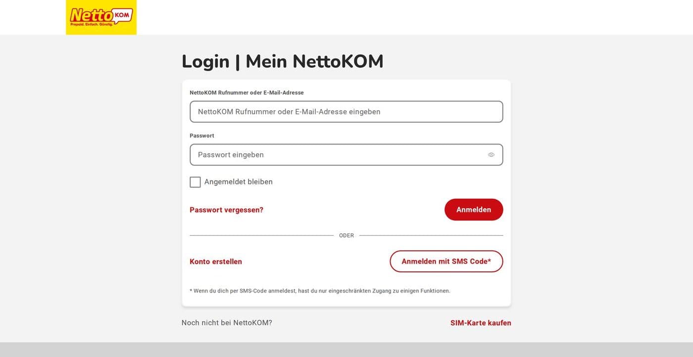 NettoKOM: Anmeldung mit Passwort oder SMS-Code und Hinweis auf den eingeschränkten Zugang