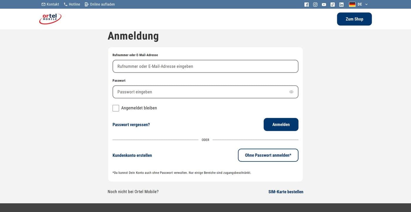 Ortel Mobile: Anmeldung mit Rufnummer oder E-Mail-Adresse und Zugang ohne Passwort