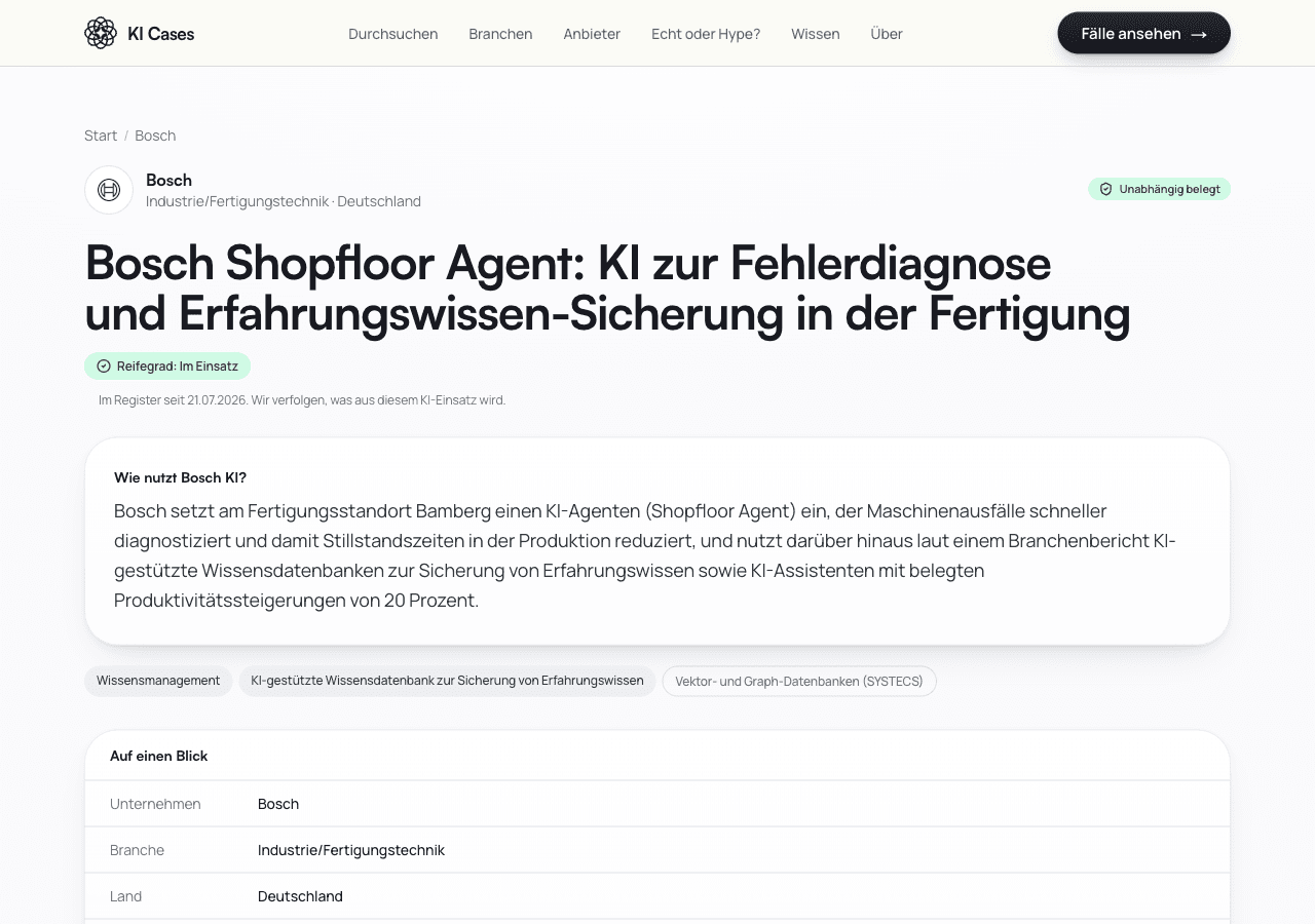 KI Cases: Fallseite zu Bosch mit Aufgabe, Quellenart, Reifegrad und Angaben zum Unternehmen