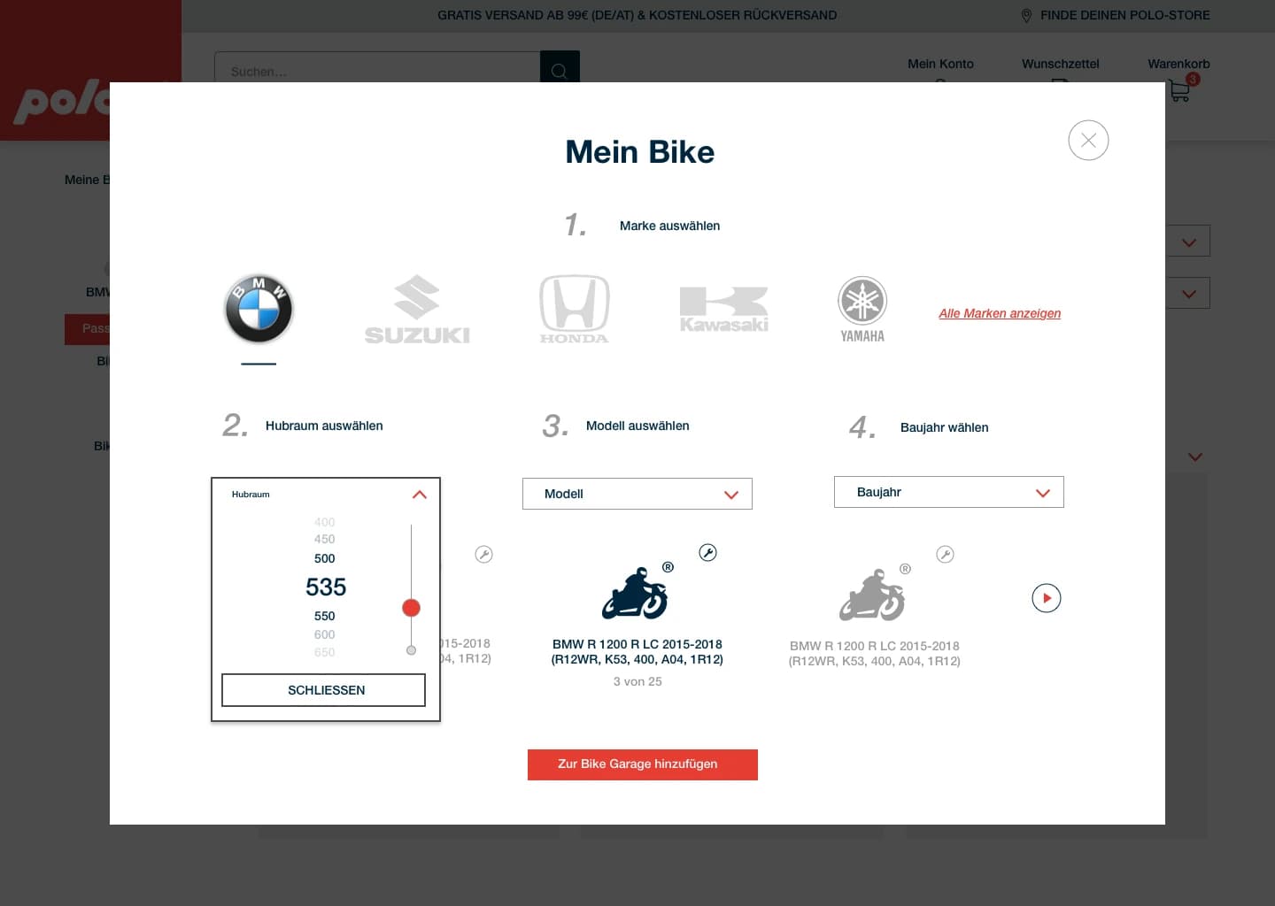 POLO-Entwurf: Motorrad über Marke, Hubraum, Modell und Baujahr auswählen