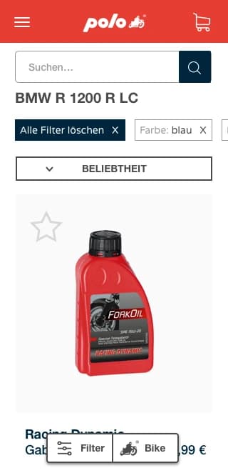 Mobiler POLO-Entwurf: Motorrad über der Produktliste und Zugänge zu Filter und Bike am unteren Rand