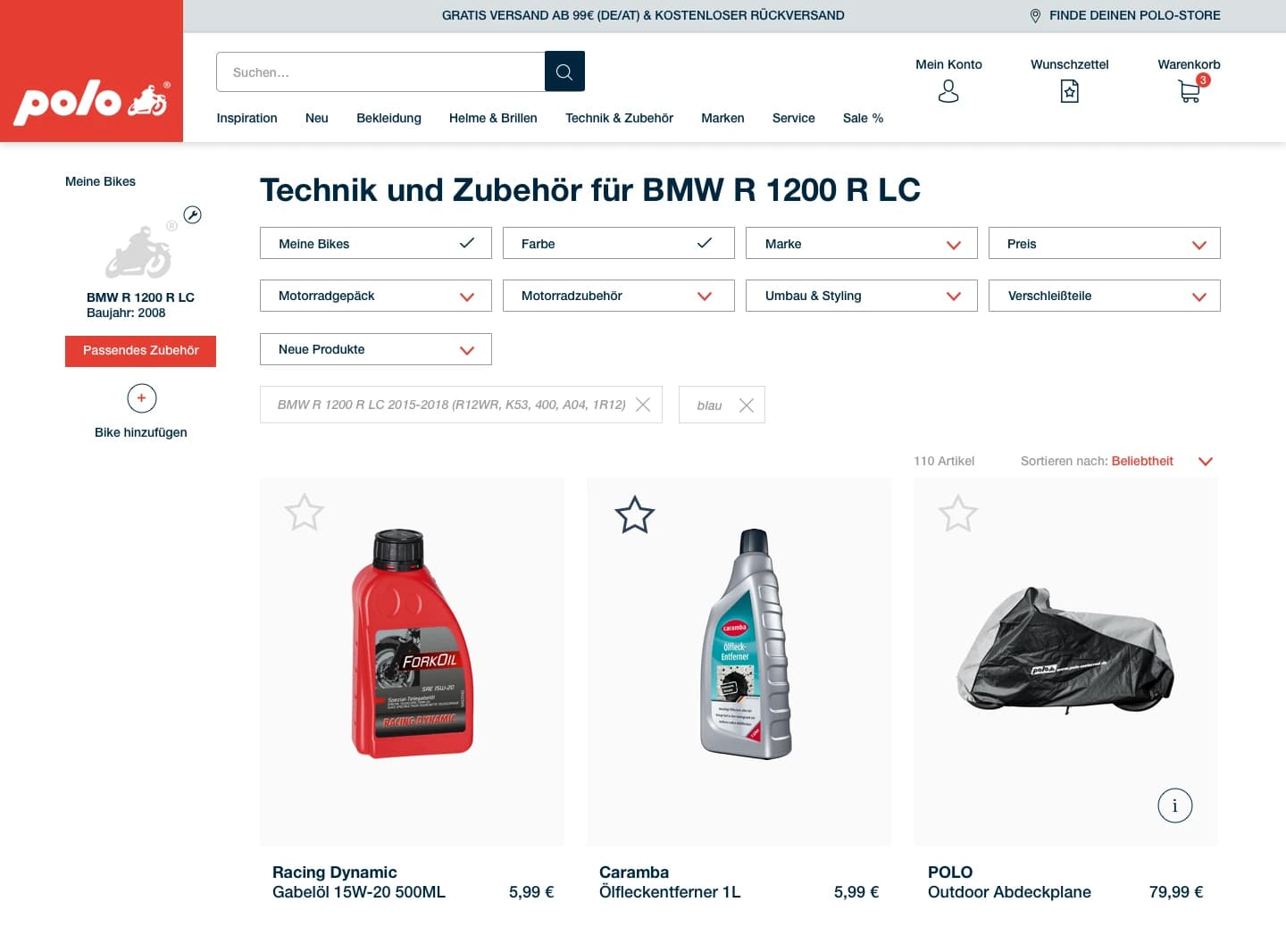 POLO: Das gewählte Motorrad steht neben der Produktliste, die Filter stehen darüber