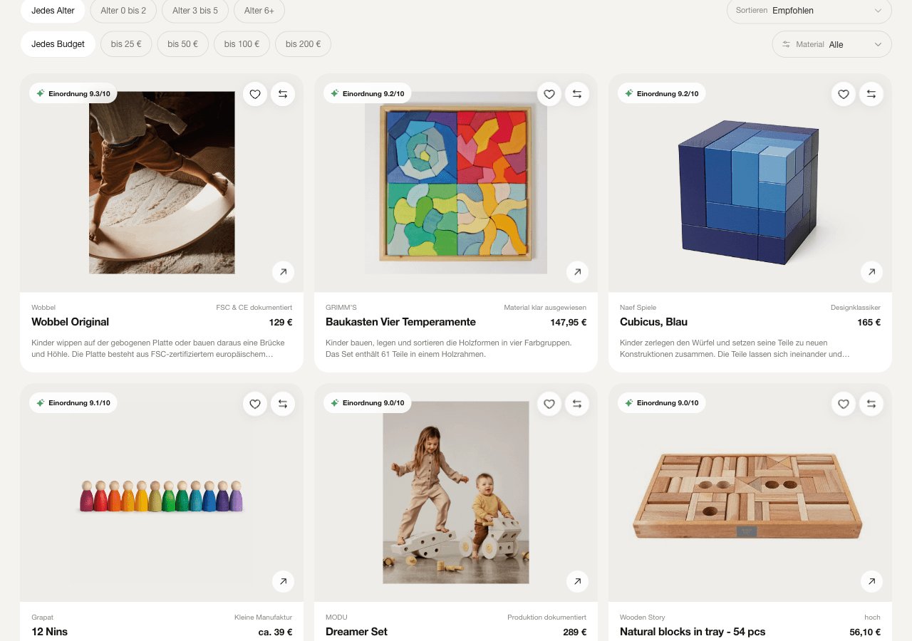Quiet Toy: Produktliste mit Alters- und Budgetfiltern, Bildern, Preisen sowie Merken und Vergleichen