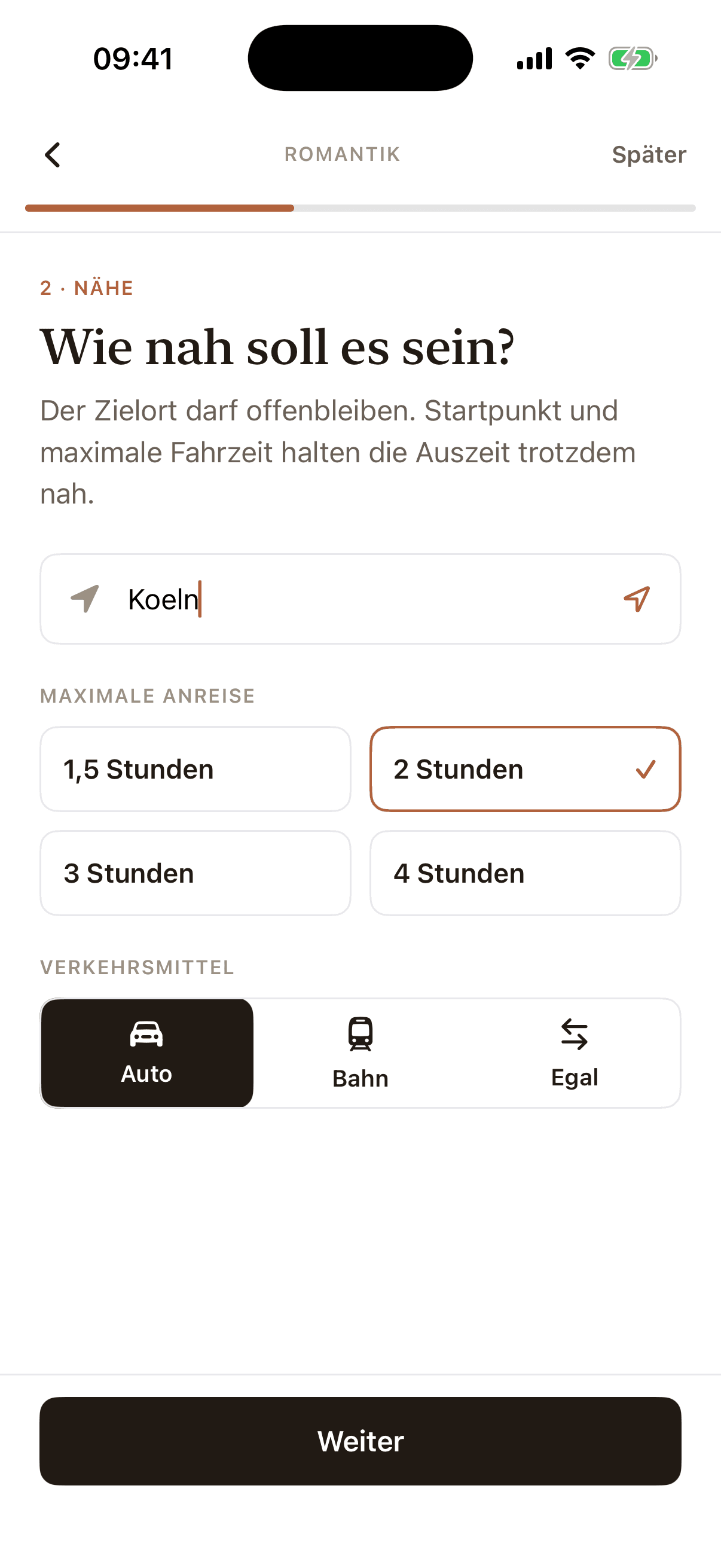 Cuvoya App-Screen mit Auswahl der Nähe und Fahrzeit