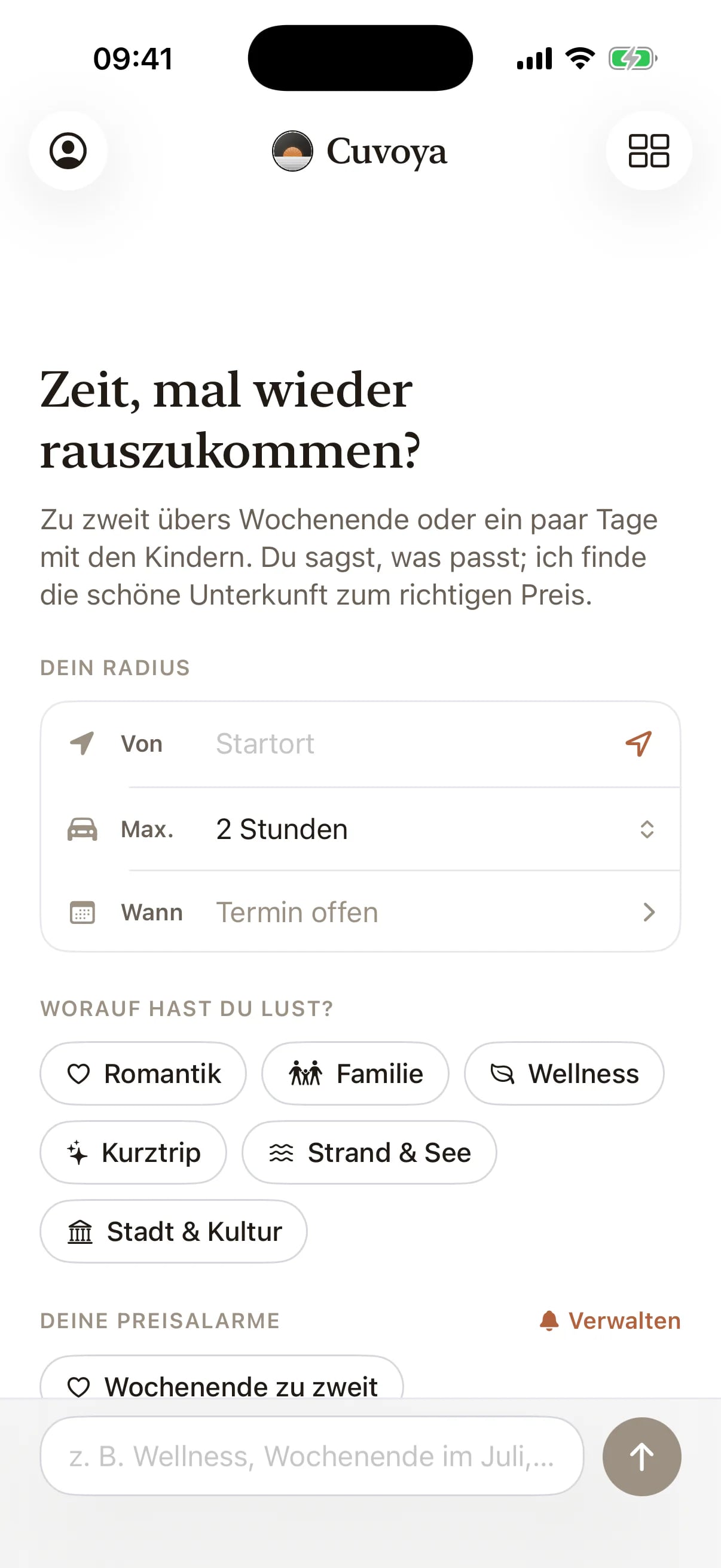 Cuvoya: Startbildschirm mit Radius, Anlass und Preisalarmen
