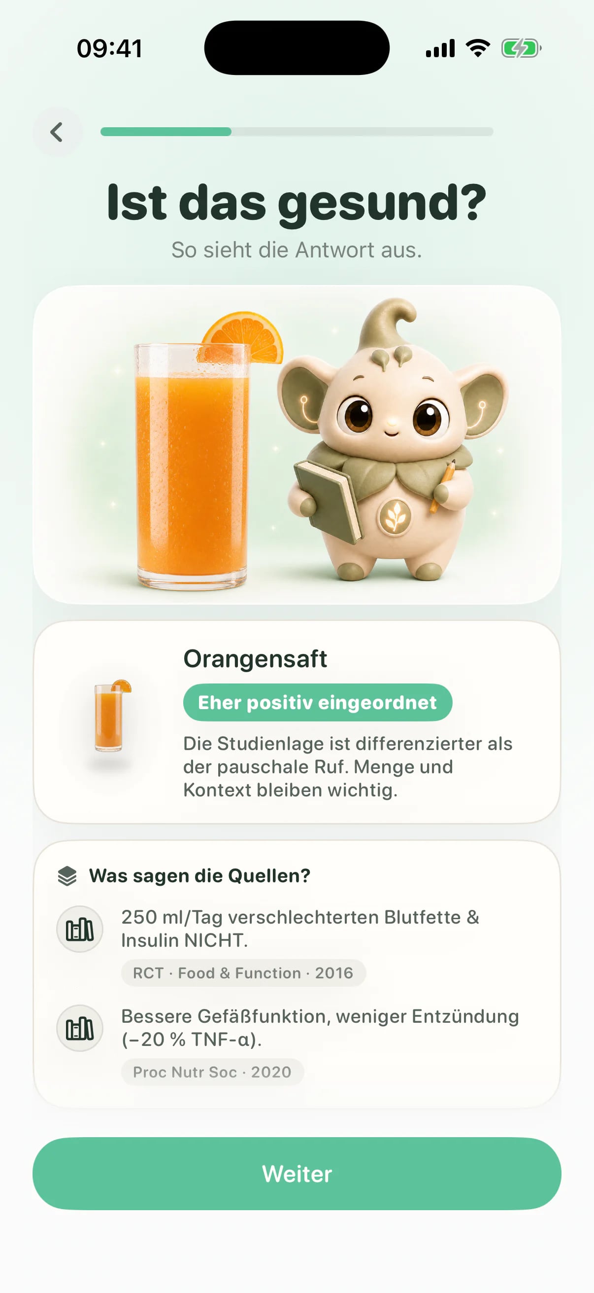 Ist das gesund? Antwortkarte zu Orangensaft mit Einordnung und zwei Studien als Quelle