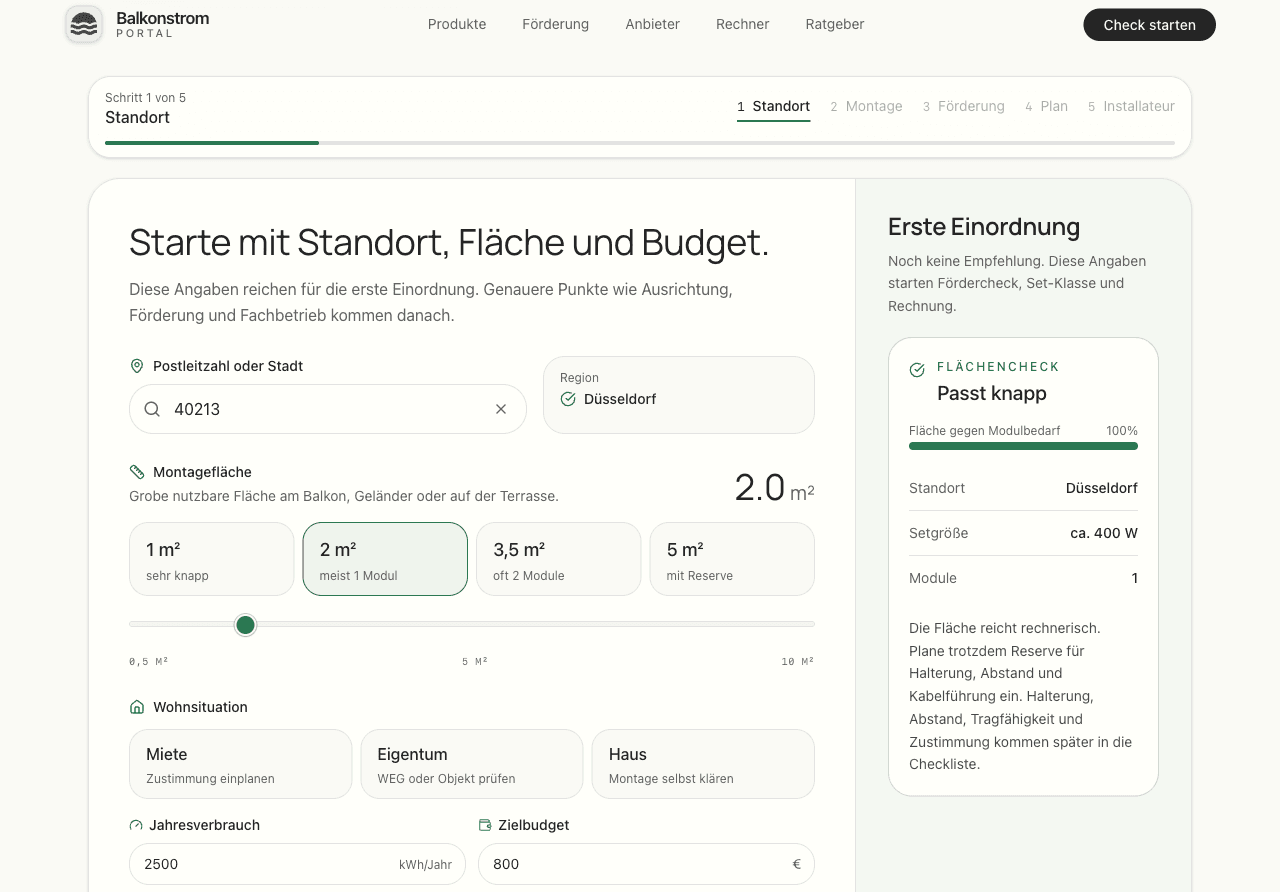 Balkonstrom-Portal Rechner mit Standort, Fläche und erster Einordnung