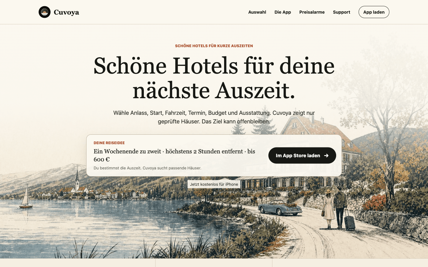 Cuvoya Website mit Hotel-Auszeit, Reiseidee und App-Store-Aufruf