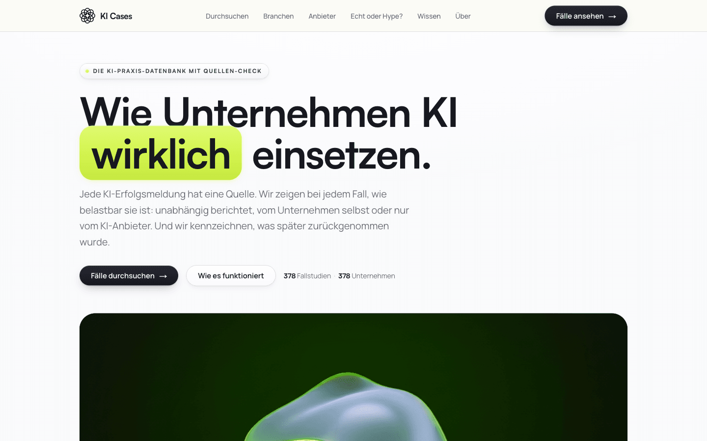 KI Cases Startseite mit Datenbank für KI-Anwendungsfälle
