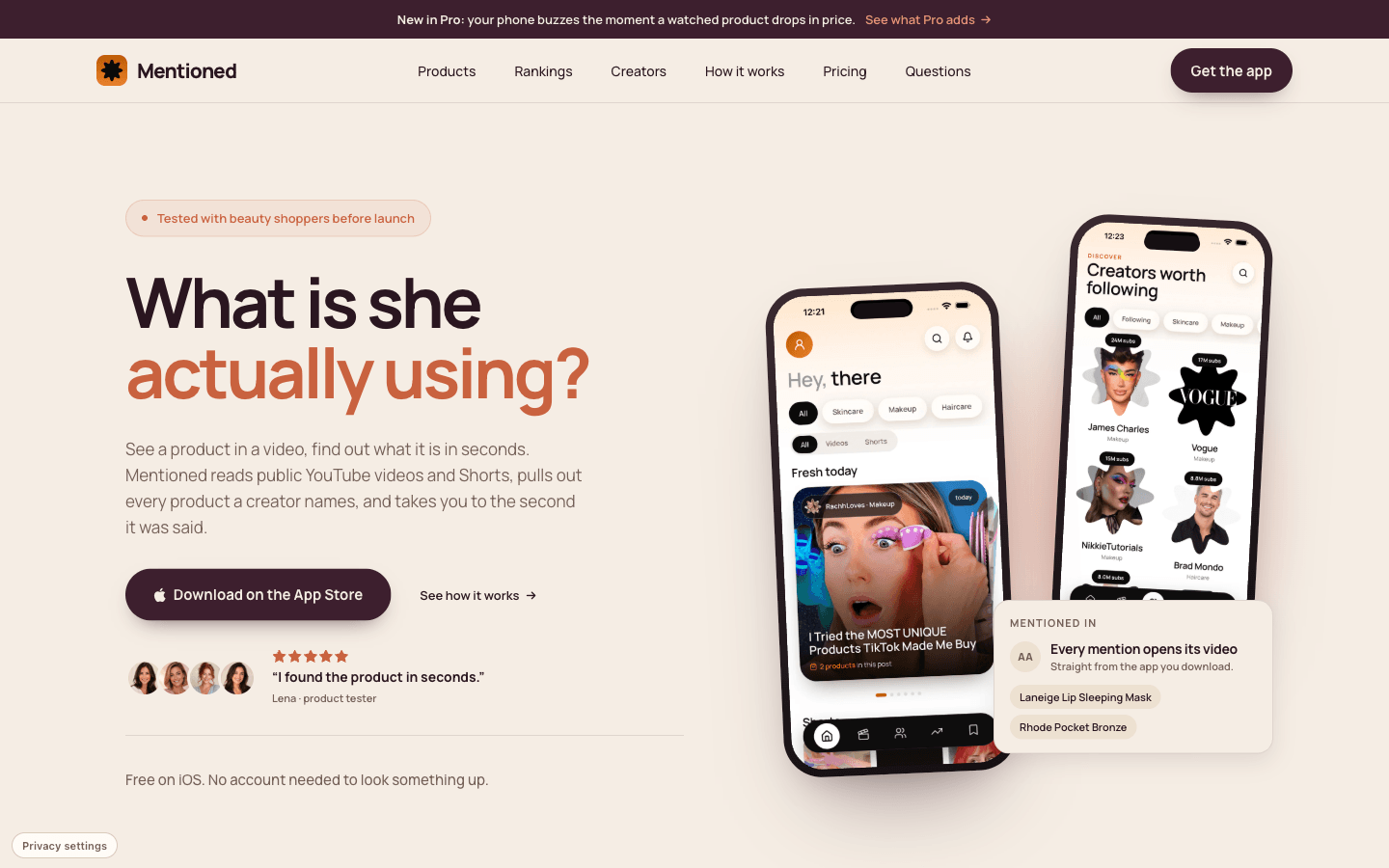 Mentioned Website mit Produktkarten und App-Erklärung