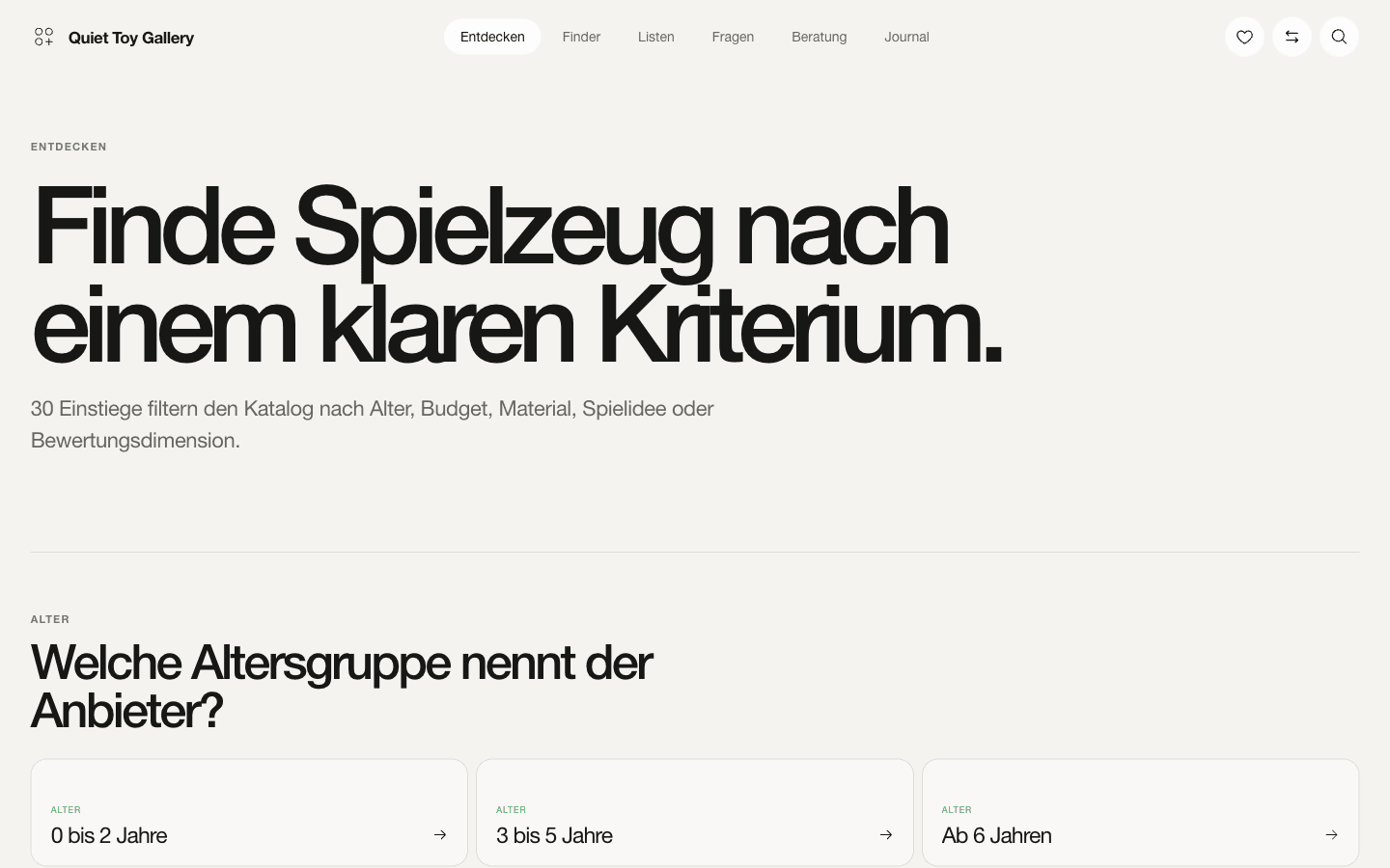 Quiet Toy Entdecken-Seite mit Spielzeug-Kategorien und ruhigem Raster
