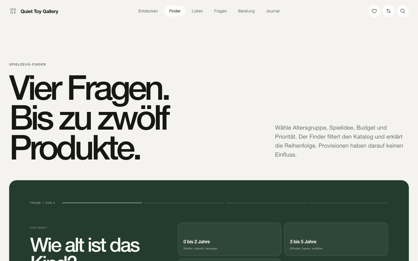 Quiet Toy Finder mit Fragen zu Alter, Spielidee und Budget