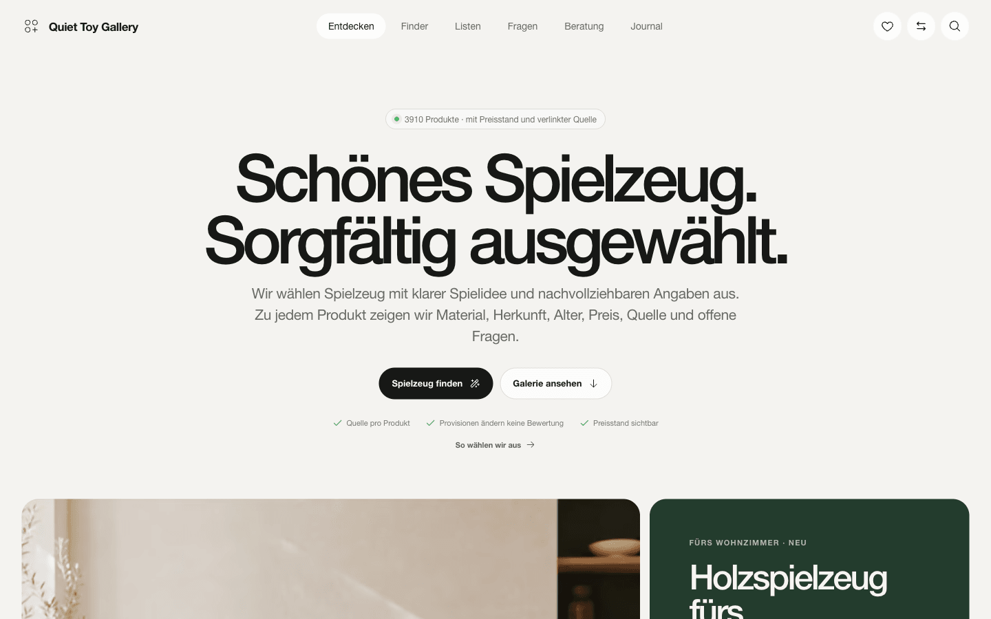 Quiet Toy Startseite mit ruhigem Layout und Einstieg in die Spielzeugauswahl