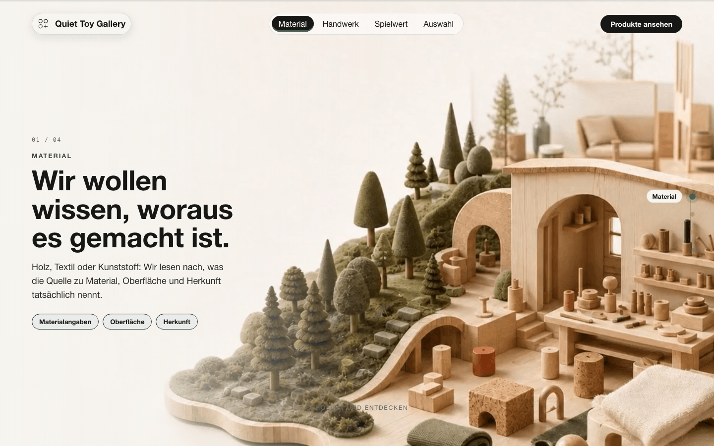 Quiet Toy Gallery Seite Die Welt des guten Spielzeugs mit Holzspielzeug-Landschaft