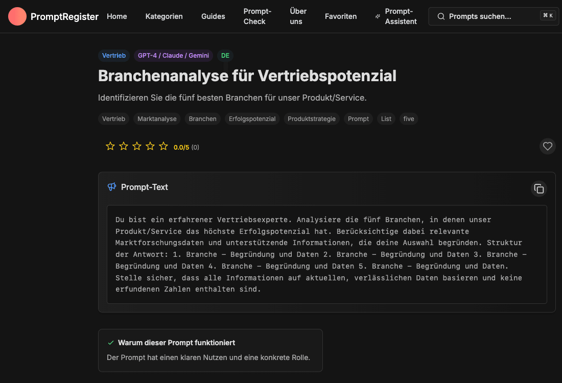 PromptRegister Prompt-Seite mit Navigation, Titel und Prompt-Text