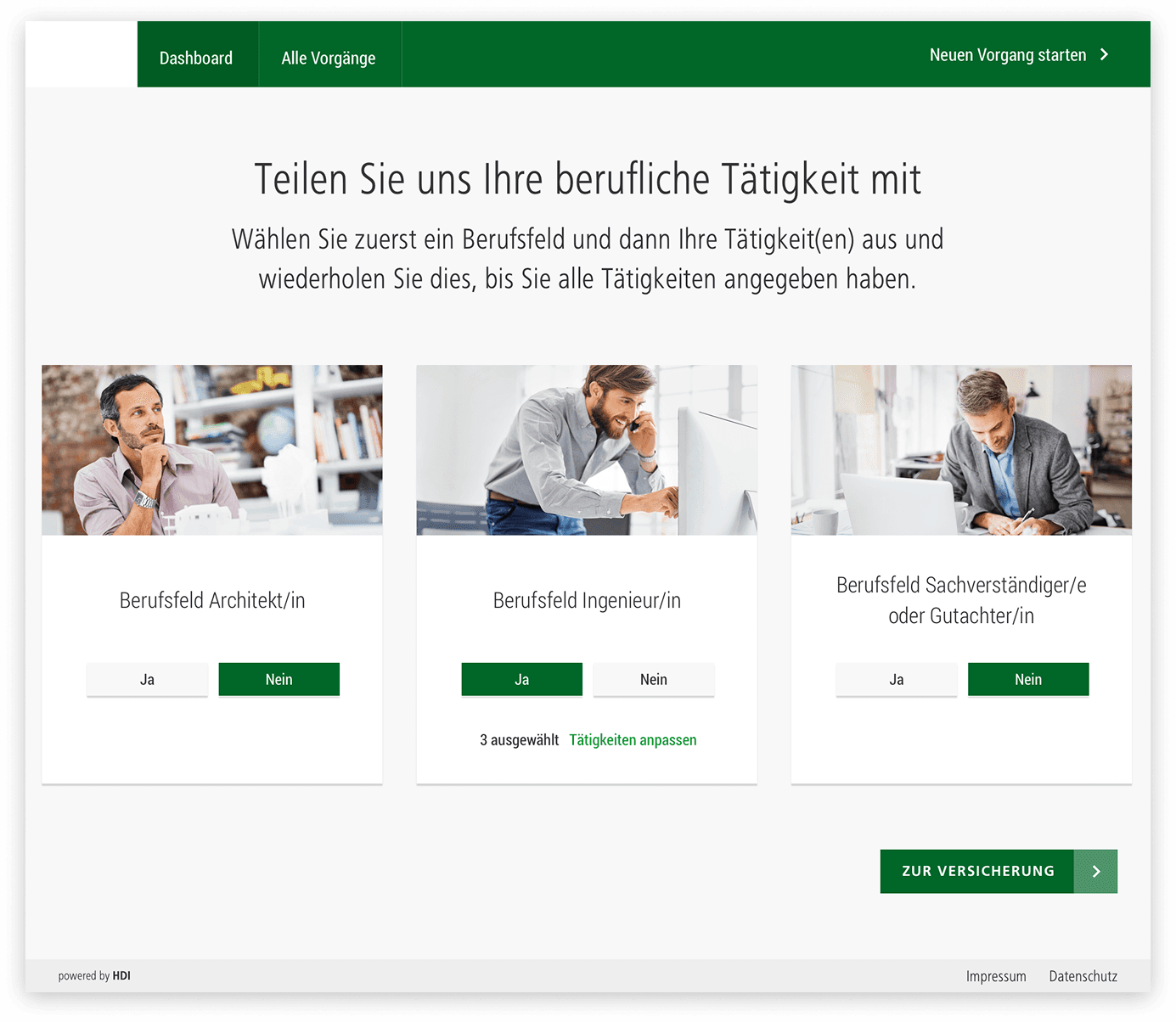 Geführter Versicherungsantrag mit Auswahl des Berufsfelds und der beruflichen Tätigkeiten