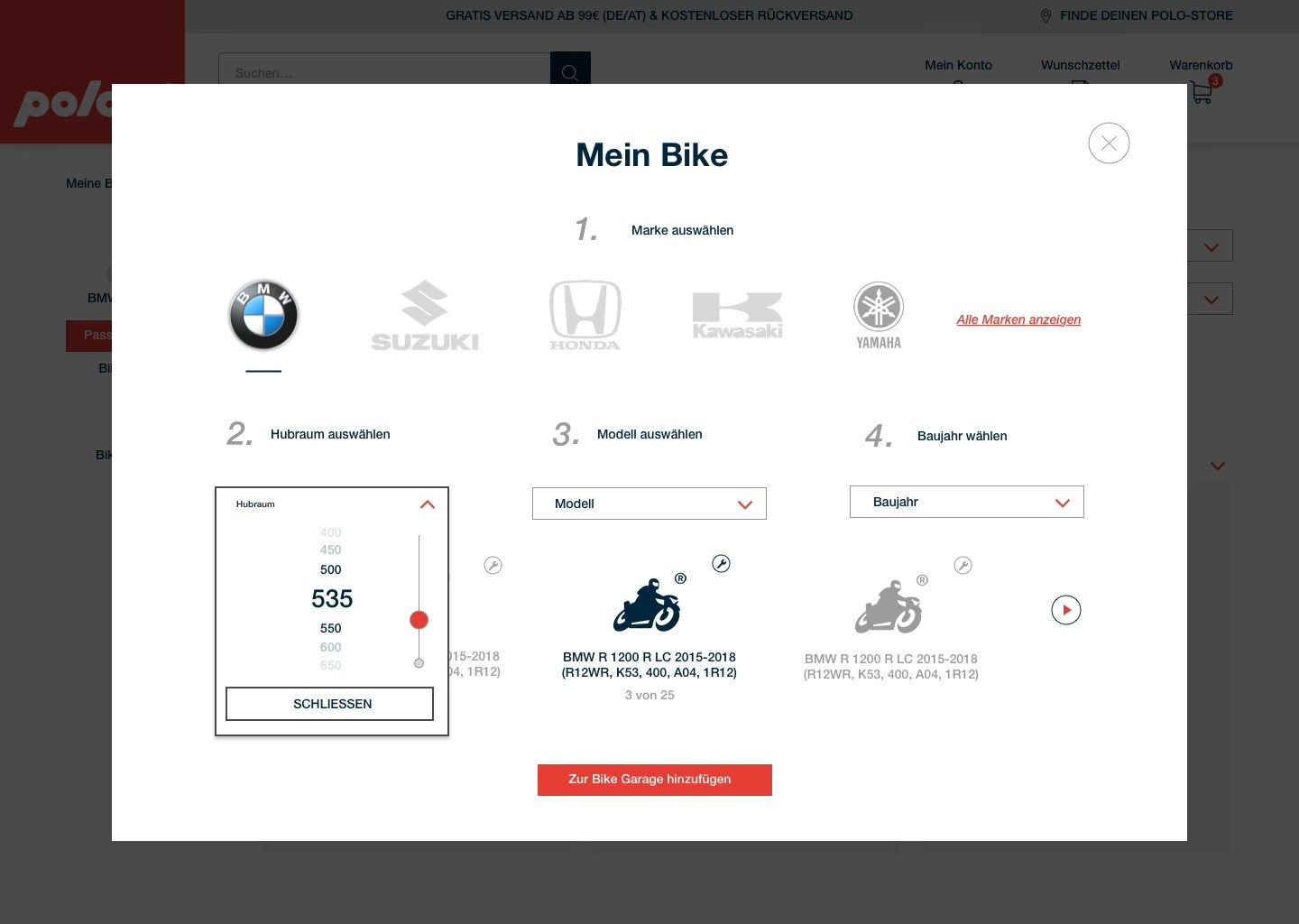 POLO Mein Bike Dialog mit Auswahl von Marke, Hubraum, Modell und Baujahr