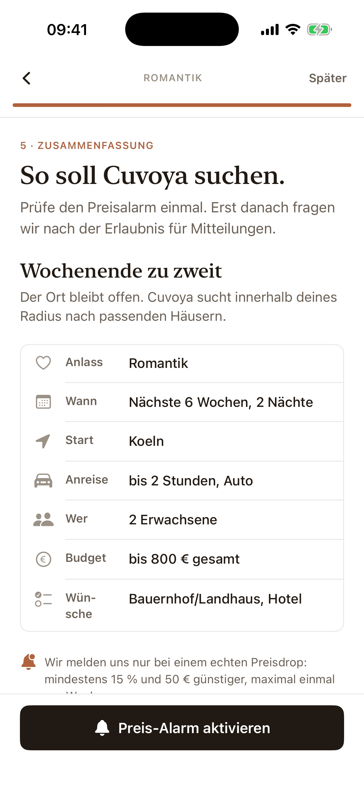 Cuvoya: Zusammenfassung der Reiseangaben vor dem Aktivieren des Preisalarms