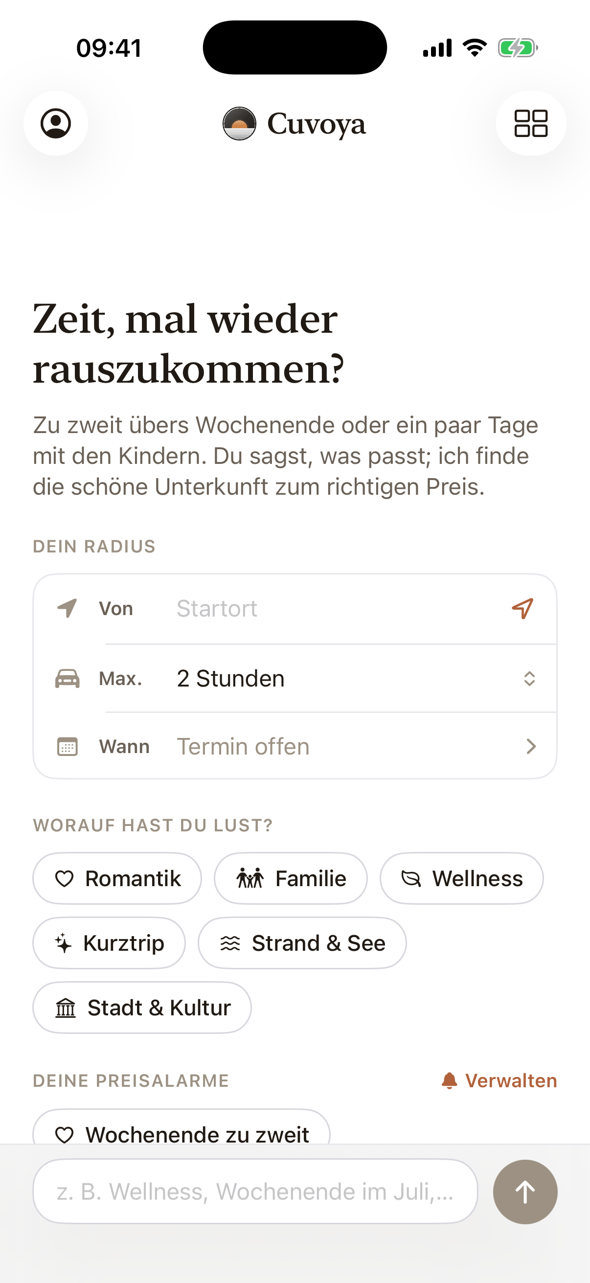 Cuvoya: Startbildschirm mit Radius, Anlass und Preisalarmen