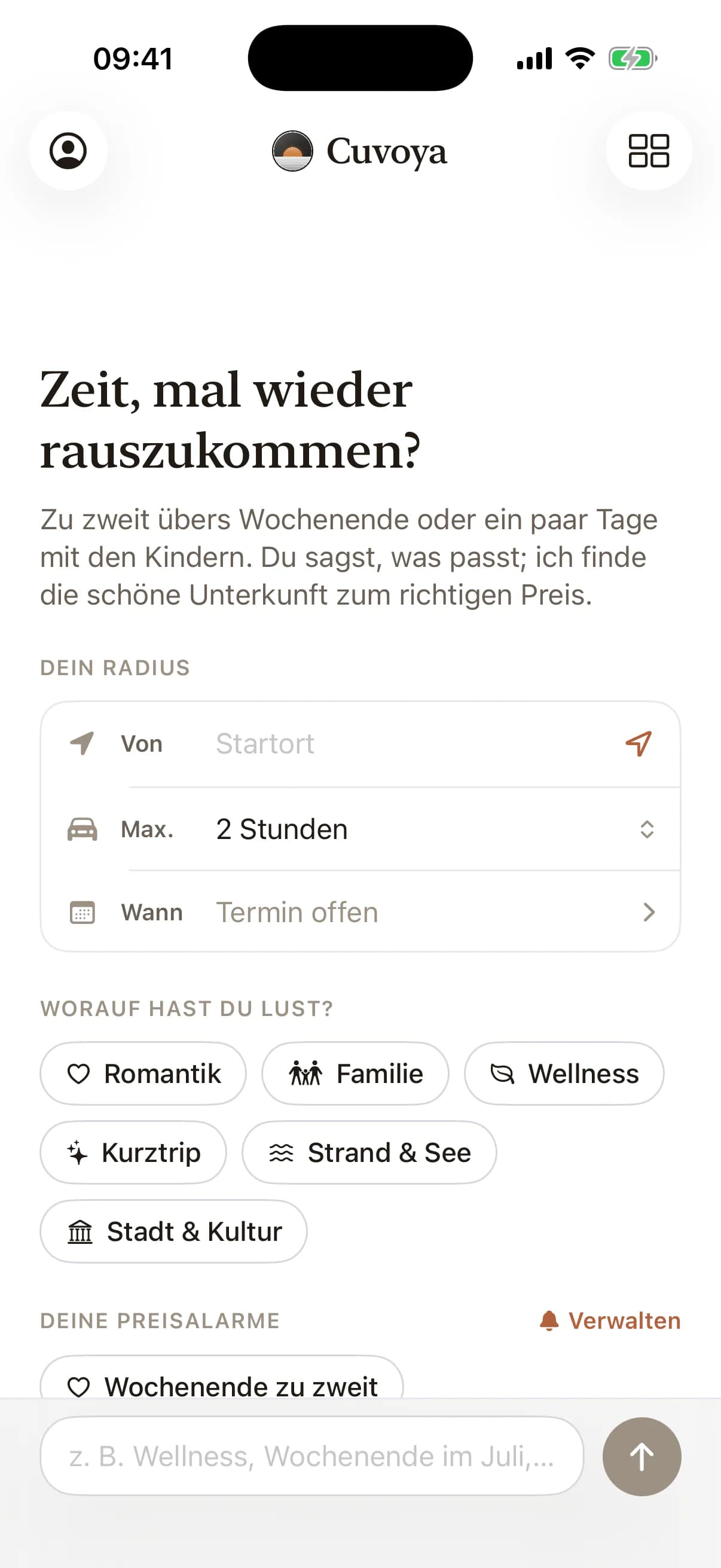 Cuvoya: Startansicht mit Startort, Radius, Termin und Reiseanlass