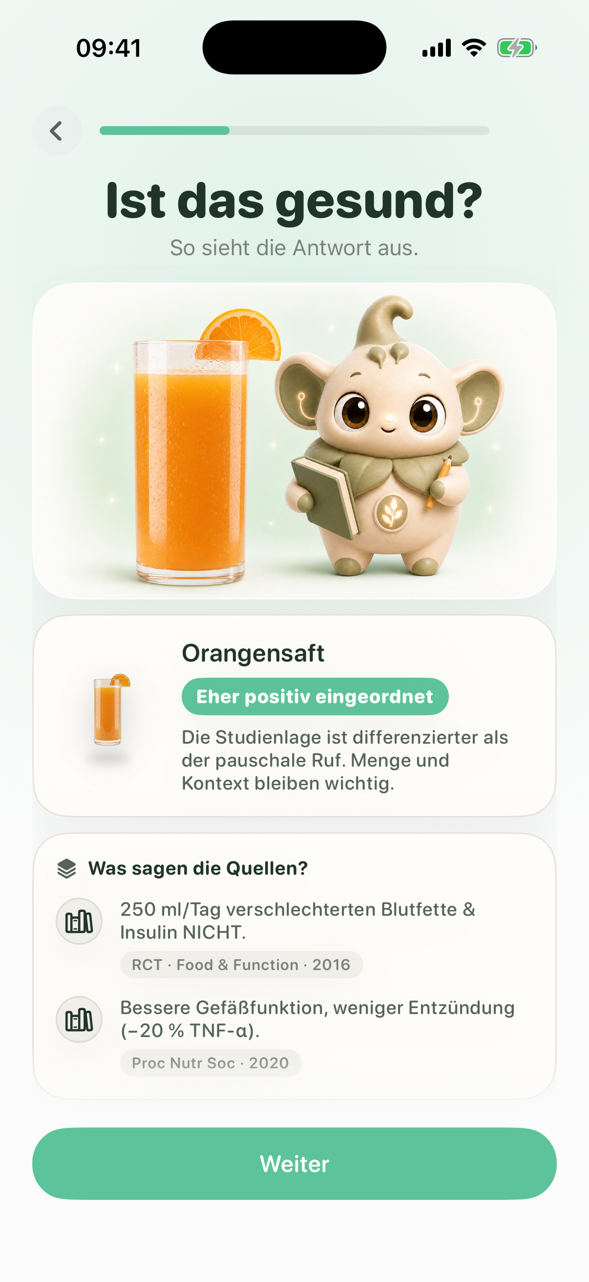 Ist das gesund? Antwortkarte zu Orangensaft mit Einordnung und zwei Studien als Quelle