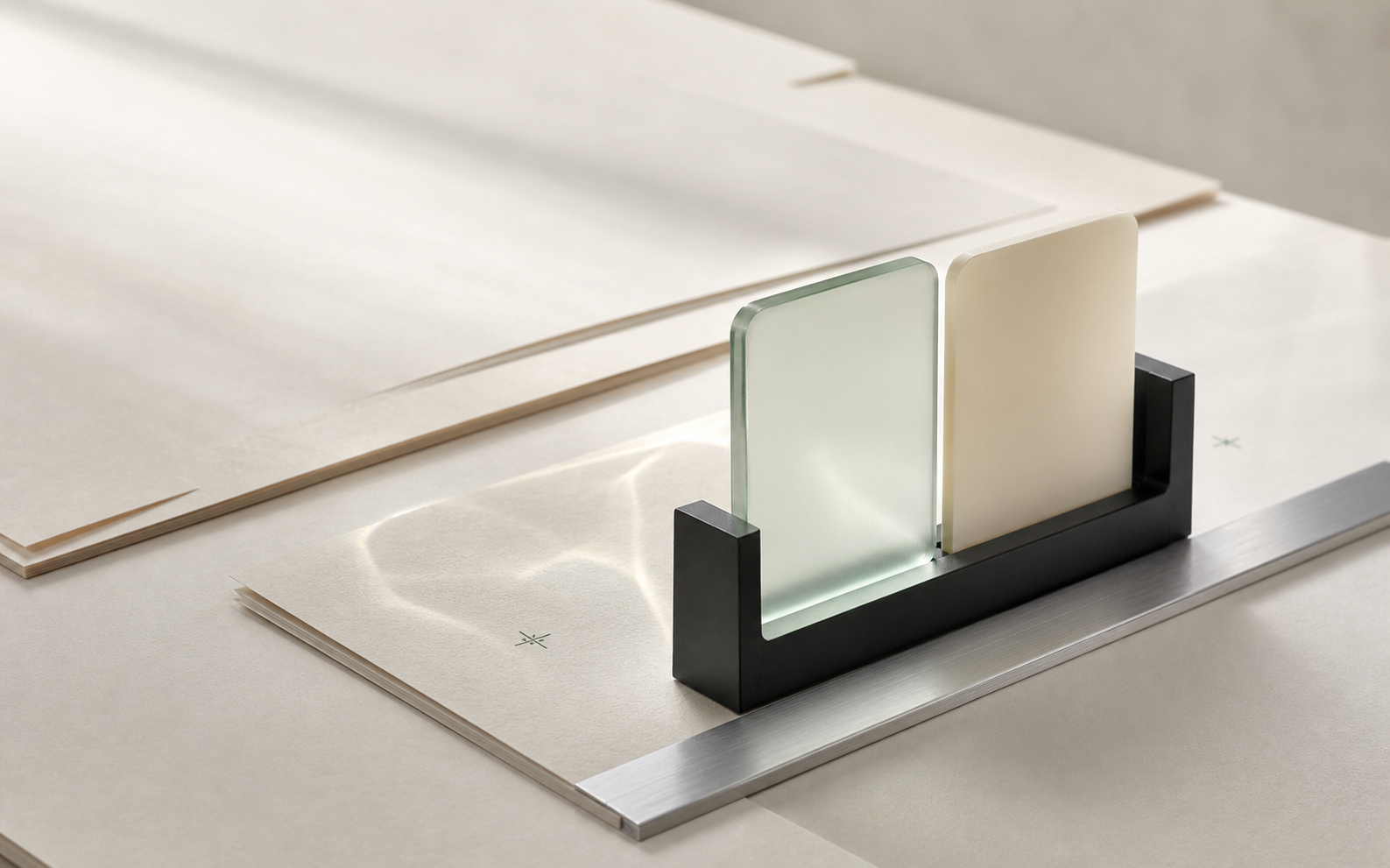 Materialstudie aus Glas, Papier und Metall in den Farben von ux-beratung.de