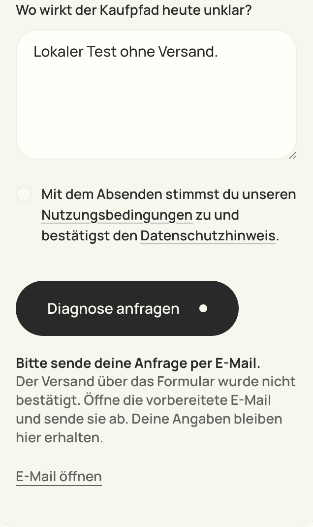 AgenticUX nach der Korrektur: Angaben bleiben im Formular. Die Meldung erklärt den fehlenden Versand und bietet den Link E-Mail öffnen.