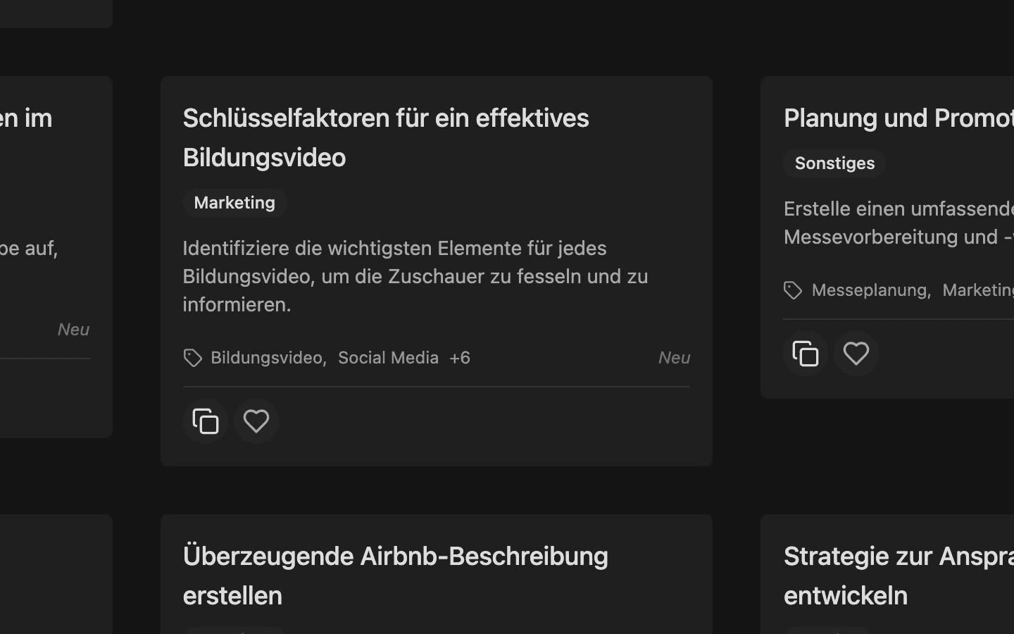 PromptRegister: Ausschnitt der Vorlagenübersicht mit Aufgaben, Kategorien, Schlagwörtern und Kopieren-Funktion