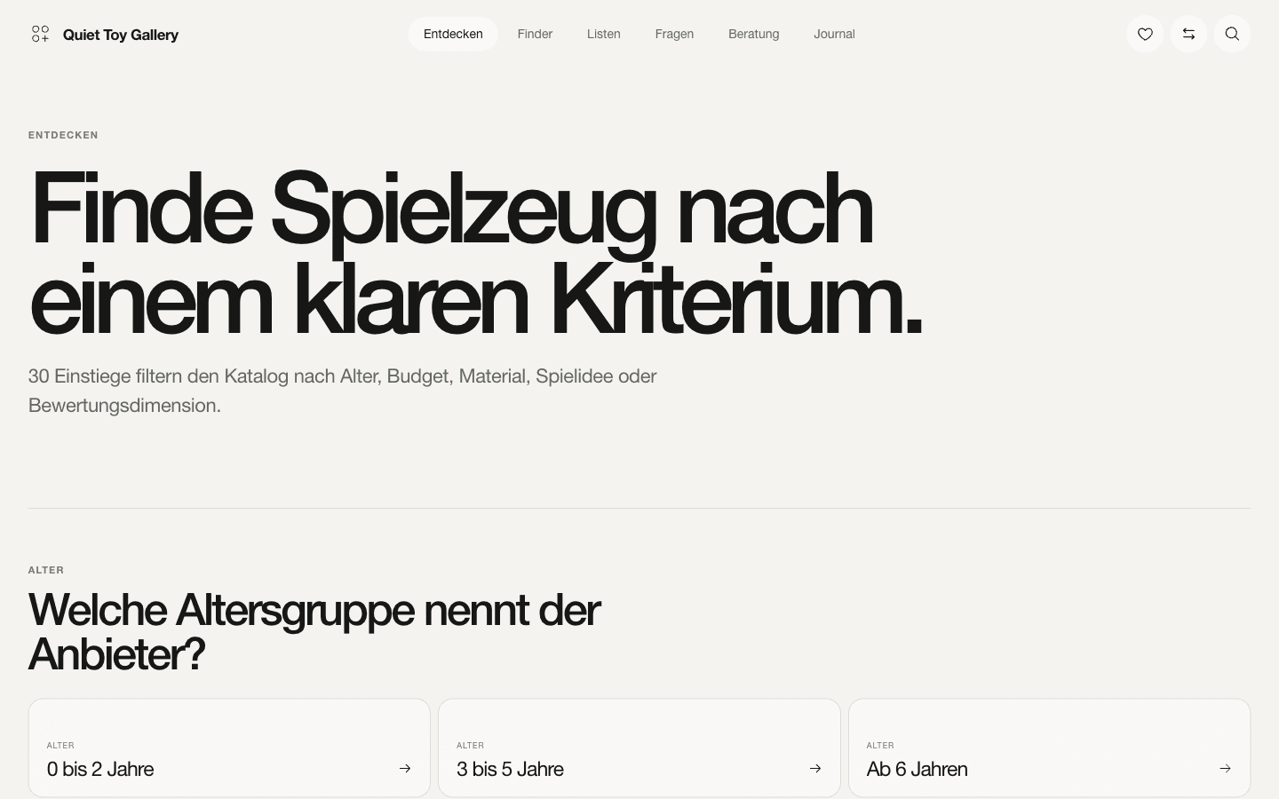 Quiet Toy: Entdecken-Seite mit Einstiegen nach Kriterien und Altersgruppen