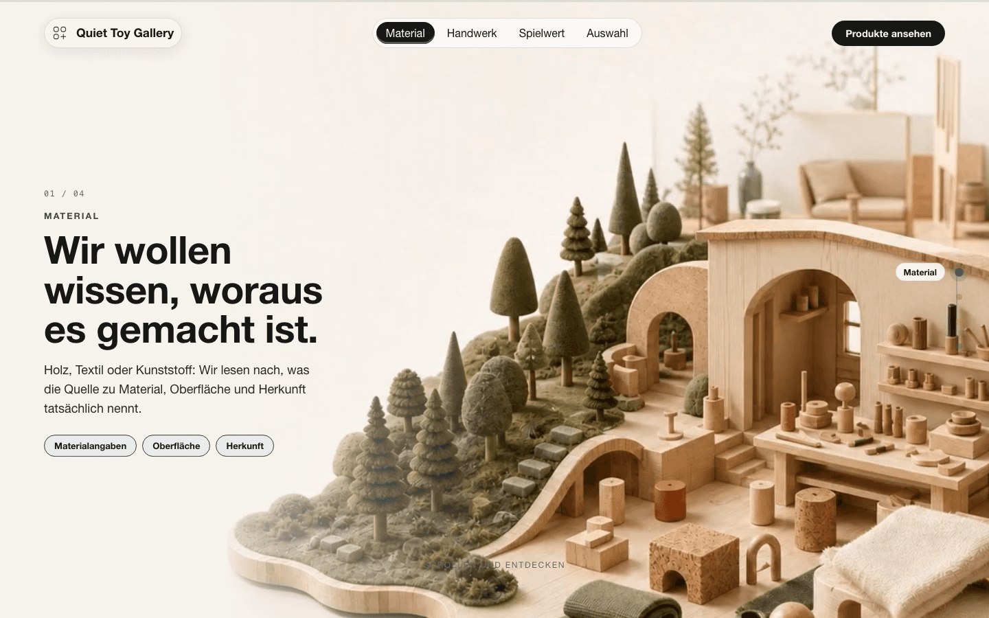 Quiet Toy Gallery mit eigener Bildwelt, Navigation und vielen Inhaltsseiten