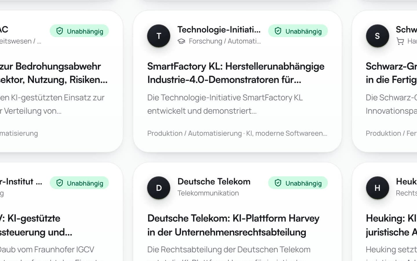 KI Cases: Ausschnitt der Fallübersicht mit Unternehmen, Aufgaben und Einstufung der Quellen