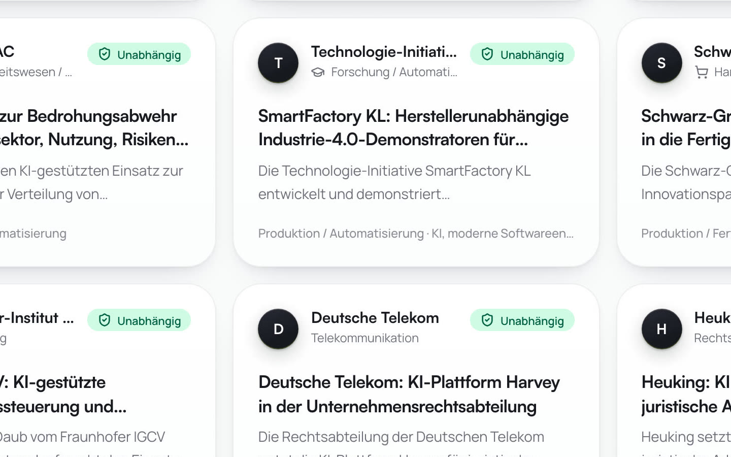 KI Cases Datenbank mit Suche, Filtern und belegten Unternehmenseinsätzen