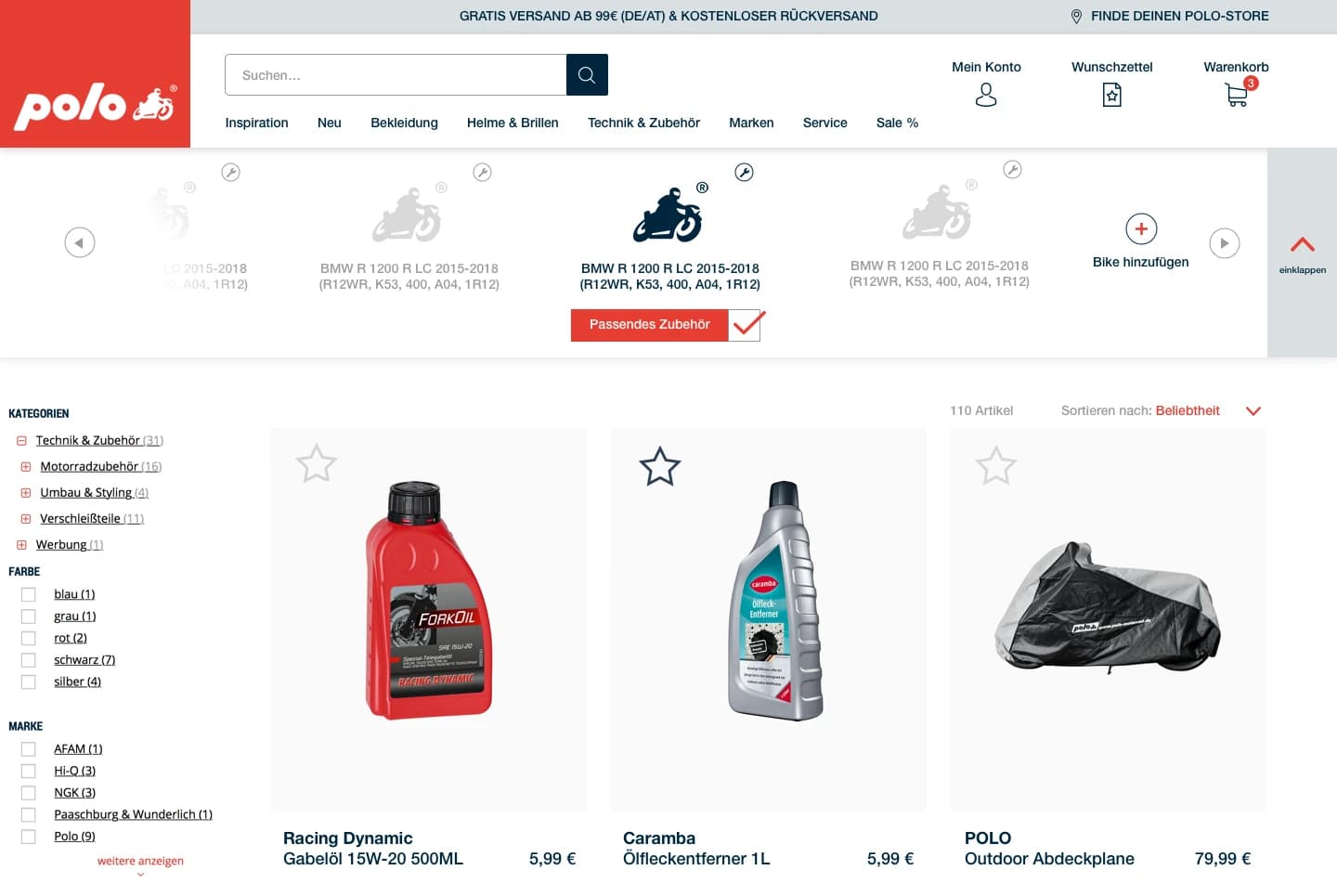 POLO: Die Motorradauswahl steht über der Produktliste, die Filter stehen links